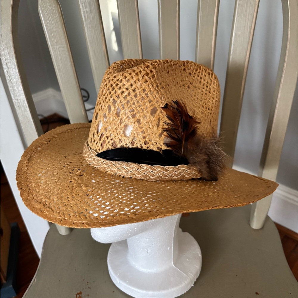 ARtEL   Sz 6 7/8  Straw Cowboy Hat with Feather Accent